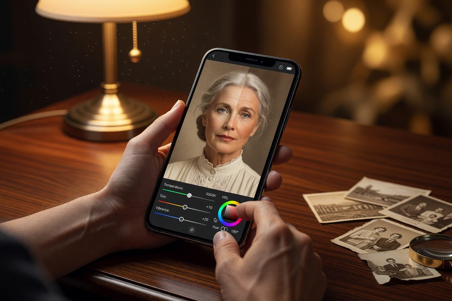 Hands holding a smartphone scanning a vintage black-and-white family photograph on a flatbed scanner