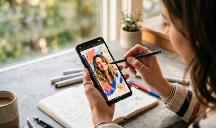 Person using a draw over photos app on a smartphone to sketch and annotate an image