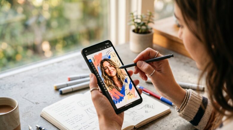 Person using a draw over photos app on a smartphone to sketch and annotate an image