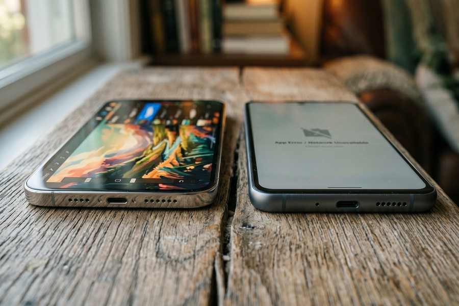 Hand holding stylus drawing over a landscape photo on a tablet screen