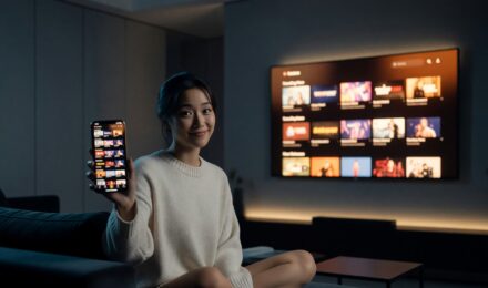 Person mirroring phone screen to a smart TV wirelessly using a mobile app