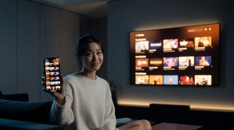 Person mirroring phone screen to a smart TV wirelessly using a mobile app