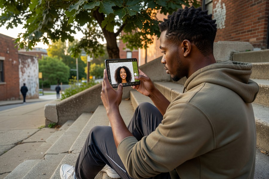 Screenshot of PhotoRoom app interface on iPhone showing AI background removal in progress