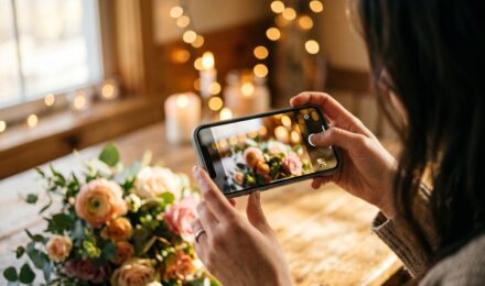 Smartphone screen showing bokeh effect photo app with blurred background portrait