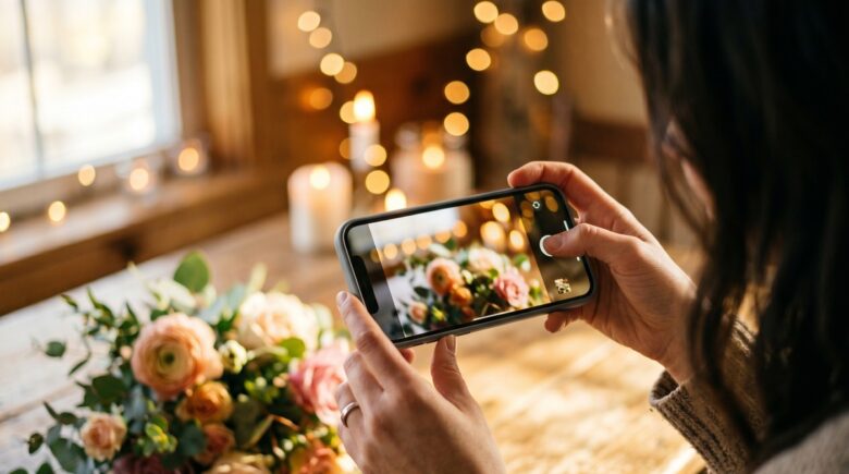 Smartphone screen showing bokeh effect photo app with blurred background portrait