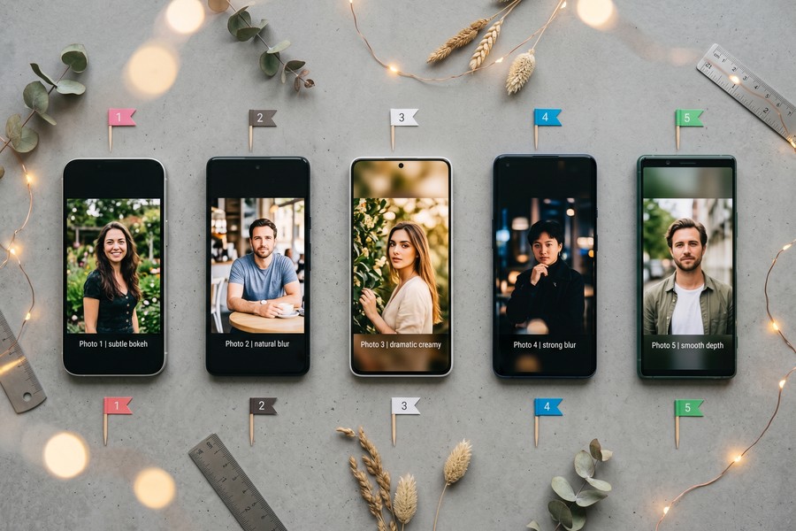Smartphone screen displaying bokeh app interface with depth map overlay and blur controls
