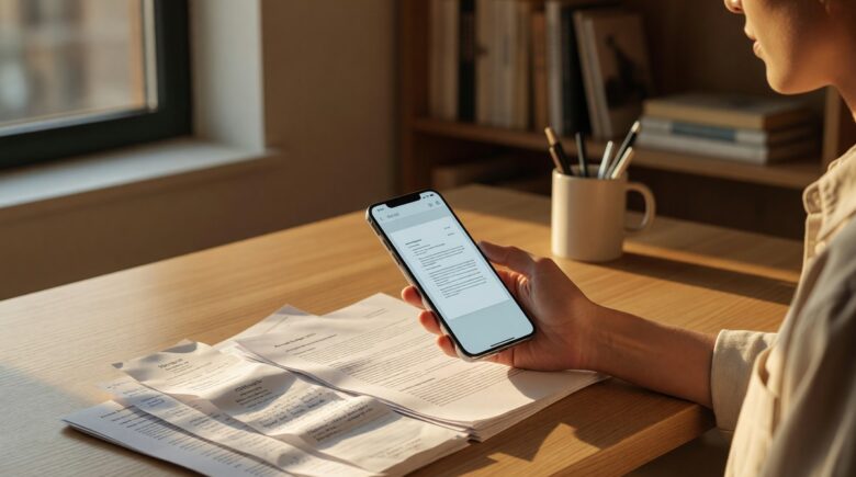 Person using a document scanner app on a smartphone to digitize a physical document
