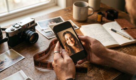Smartphone screen showing film grain and artistic filter effects applied to photos using a mobile editing app