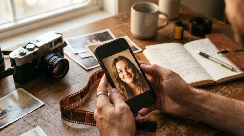 Smartphone screen showing film grain and artistic filter effects applied to photos using a mobile editing app