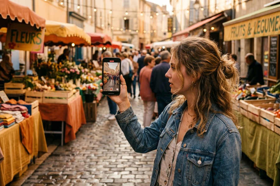 iPhone screen showing VSCO film grain filter applied to a street photography portrait