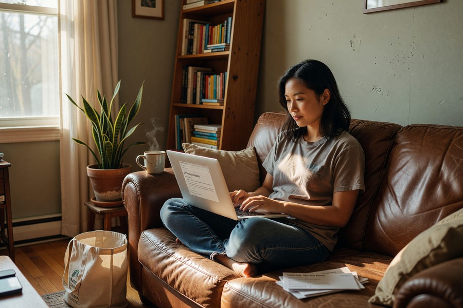 Remote worker using a laptop at a standing desk with external monitor and keyboard