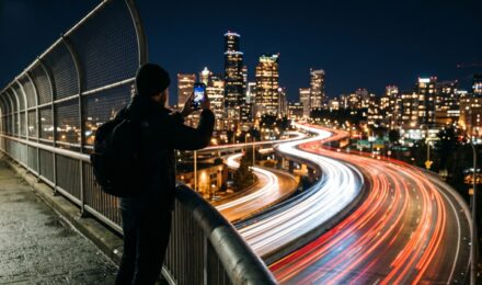 Smartphone displaying a long exposure light trail photo captured using a long exposure photo app