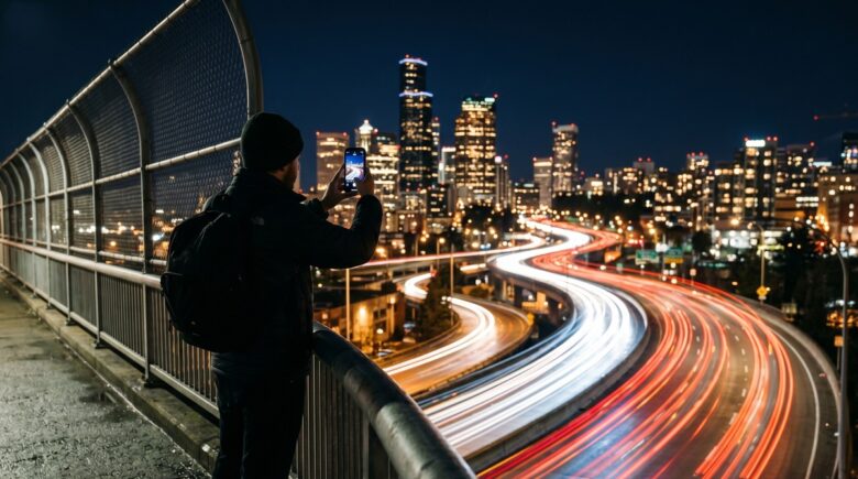 Smartphone displaying a long exposure light trail photo captured using a long exposure photo app