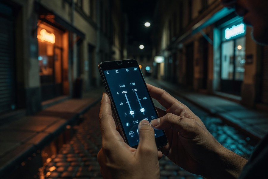 Screenshot of Adobe Lightroom Mobile noise reduction slider applied to a dark indoor photo