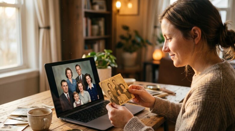 Best photo restoration app sharpening a blurry old family photograph on a smartphone screen