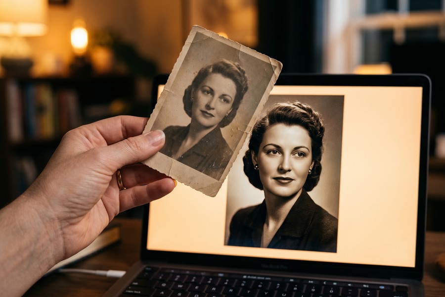 Side-by-side comparison of a blurry old photo before and after AI restoration