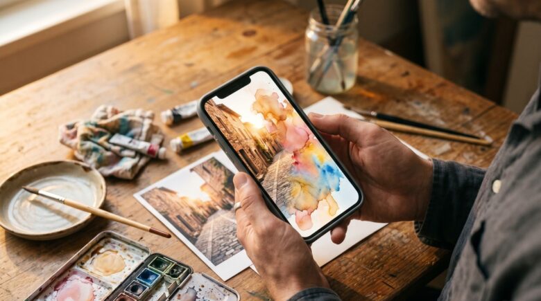Smartphone screen showing a photo transformed into a watercolor painting using a photo to watercolor app