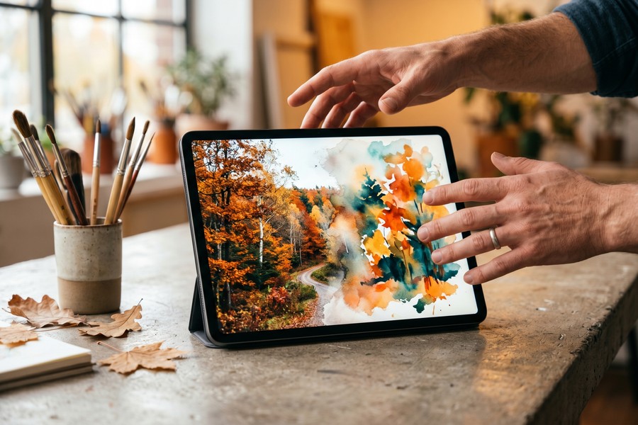 Side-by-side comparison of a landscape photo converted by Waterlogue and Prisma watercolor filters