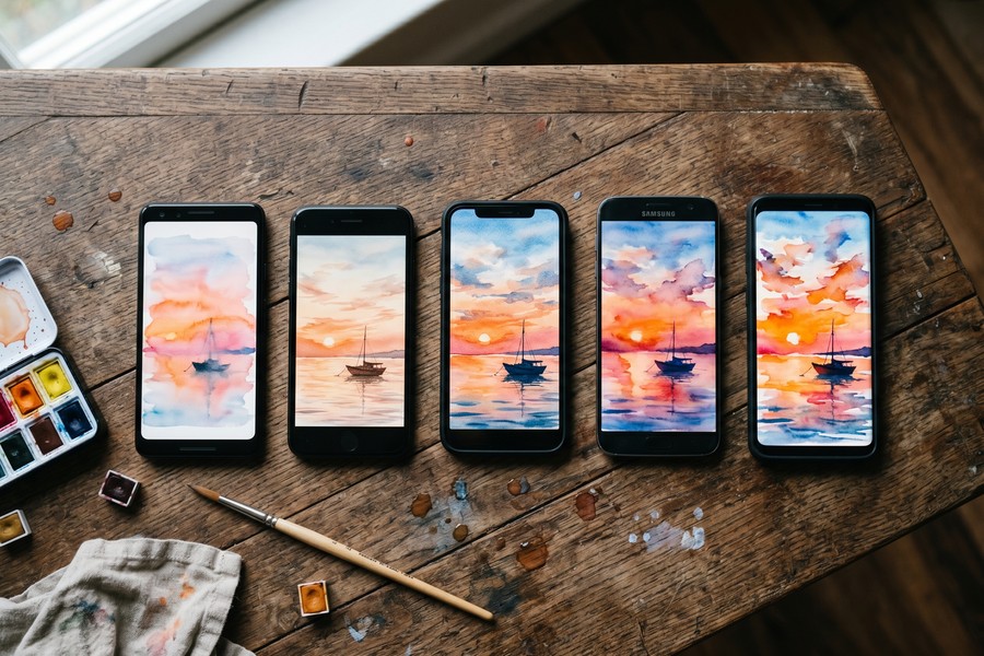 Screenshot showing Waterlogue app interface with style selection panel and processed watercolor output