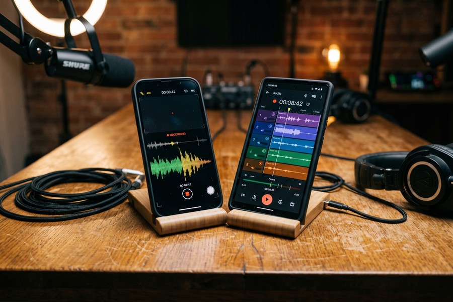 Side-by-side comparison of podcast video recording app interfaces on smartphones
