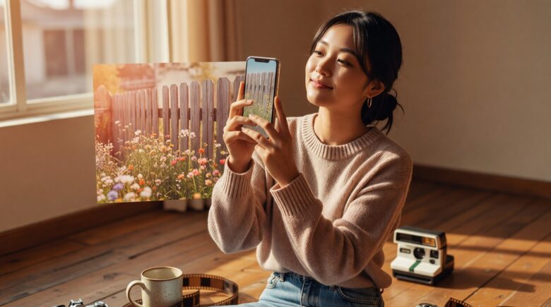 Smartphone screen showing retro film photo apps with vintage and analog filter effects applied to photos