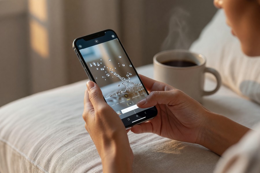 iPhone screen showing SloPro slow motion app with frame rate controls and timeline