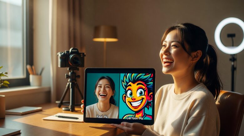 Smartphone screen showing a video being transformed into an animated cartoon using a video to cartoon app