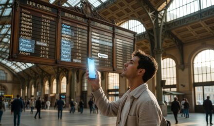Person using a phone camera to translate text in real time with a translation app