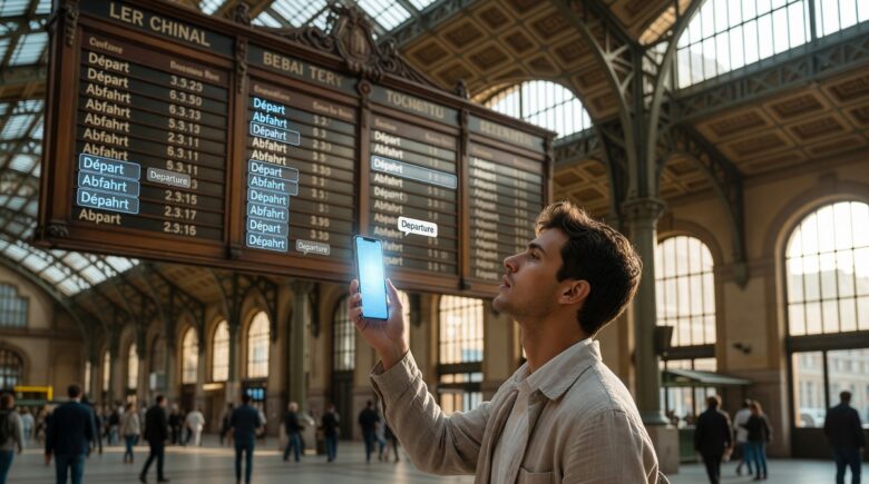 Person using a phone camera to translate text in real time with a translation app