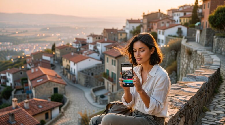 Beginner creator editing a cinematic travel video on a smartphone using a mobile editing app