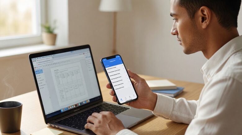 Freelancer using a clipboard manager app on phone to copy and paste content faster