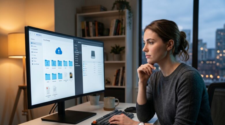 Cloud storage vs local storage comparison showing cloud icons and external hard drives side by side