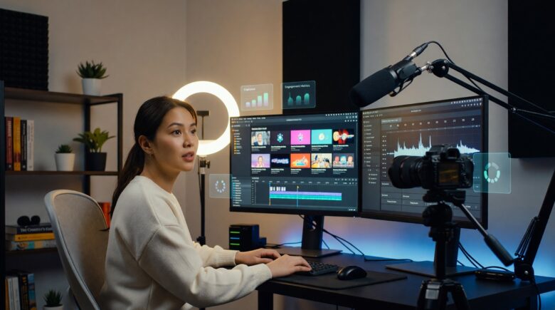 Content creator using automation tools to manage digital workflows in the creator economy