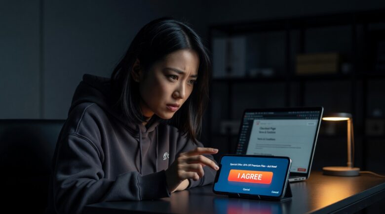 Smartphone screen showing deceptive app interface representing dark patterns app regulations