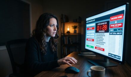 Illustration of dark patterns online manipulating a user into spending more money on a shopping website