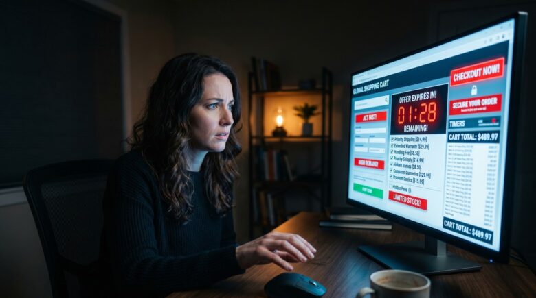 Illustration of dark patterns online manipulating a user into spending more money on a shopping website