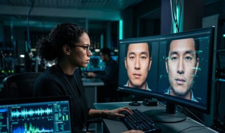 Deepfake detection tools analyzing a digitally manipulated face on a screen