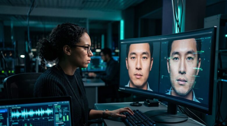 Deepfake detection tools analyzing a digitally manipulated face on a screen
