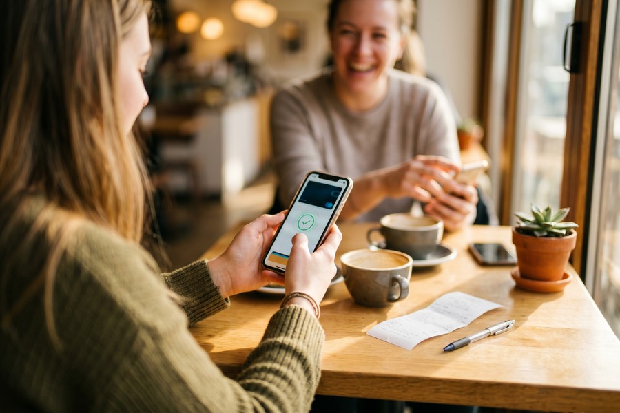 Mobile payment app showing stablecoin transfer interface with transaction confirmation screen