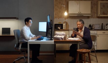 A split image showing advanced AI technology on one side and limited digital access on the other, representing the digital divide in an AI-driven economy