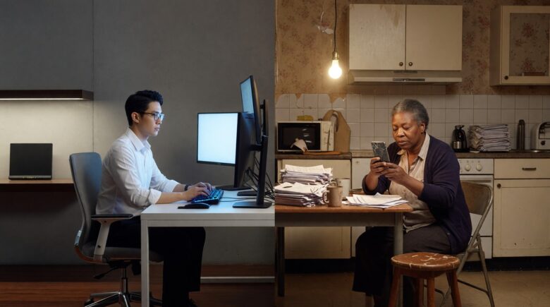 A split image showing advanced AI technology on one side and limited digital access on the other, representing the digital divide in an AI-driven economy