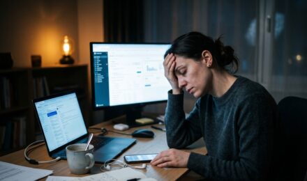 Person looking exhausted in front of multiple screens illustrating digital fatigue and mental health impact