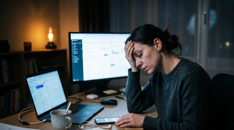 Person looking exhausted in front of multiple screens illustrating digital fatigue and mental health impact