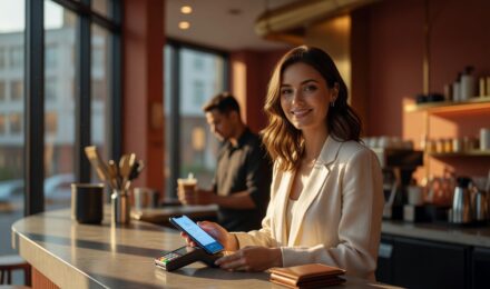 Person using a digital wallet on a smartphone to make a contactless payment at a store terminal