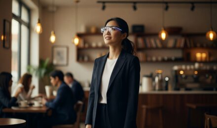 Person wearing extended reality glasses in an everyday urban environment showcasing XR adoption