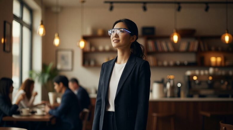 Person wearing extended reality glasses in an everyday urban environment showcasing XR adoption