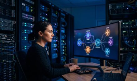 Illustration of federated learning privacy with decentralized AI training across multiple devices