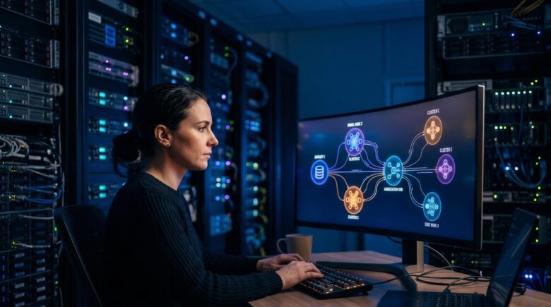 Illustration of federated learning privacy with decentralized AI training across multiple devices