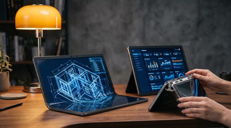 Foldable display technology in 2026 shown across laptops, wearables, and automotive screens