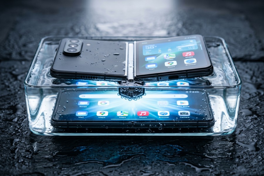 Close-up cross-section of a 2026 foldable phone hinge mechanism showing internal components